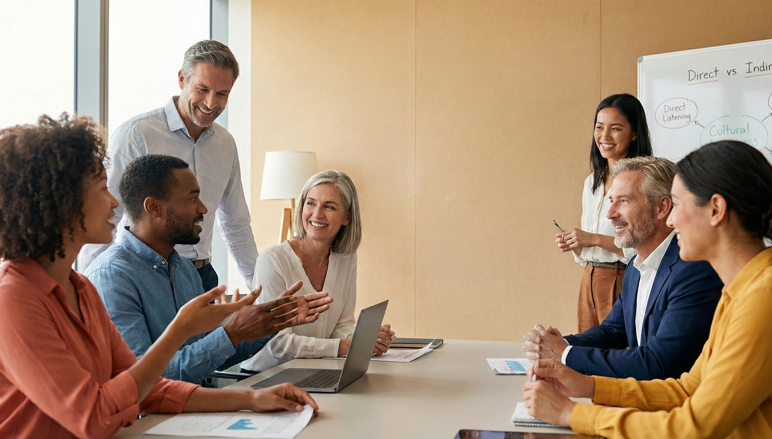 A diverse group of seven professionals, including men and women of various ages and ethnicities, are seated around a wooden conference table in a modern office, engaged in an animated discussion. One woman stands next to a whiteboard with notes about "Cultural Awareness" and "Direct vs. Indirect" communication, while others smile and gesture. Laptops, tablets, and papers are on the table.