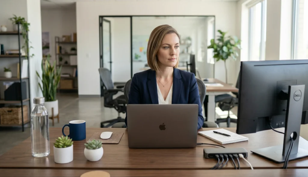 A woman with short, light-brown hair, wearing a navy blue blazer over a white blouse, is sitting in front of a modern laptop with an illuminated apple logo. She is looking to her right, perhaps off-camera, with a focused expression. A white bottle of water, a dark blue mug, and a small potted succulent are on the table to her right. A second potted succulent, an apple mouse, a notebook and pen, a rectangular dock with several cables connected to it, and a large black monitor on a silver stand are on the table to her left. The background is a clean, modern, open-plan office. Sunlight streams through a large window to her right.